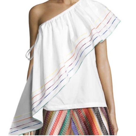 Alcee Boho Feminine Asymmetric One Shoulder Rainbow Stripe Ruffle - Picture 1 of 6